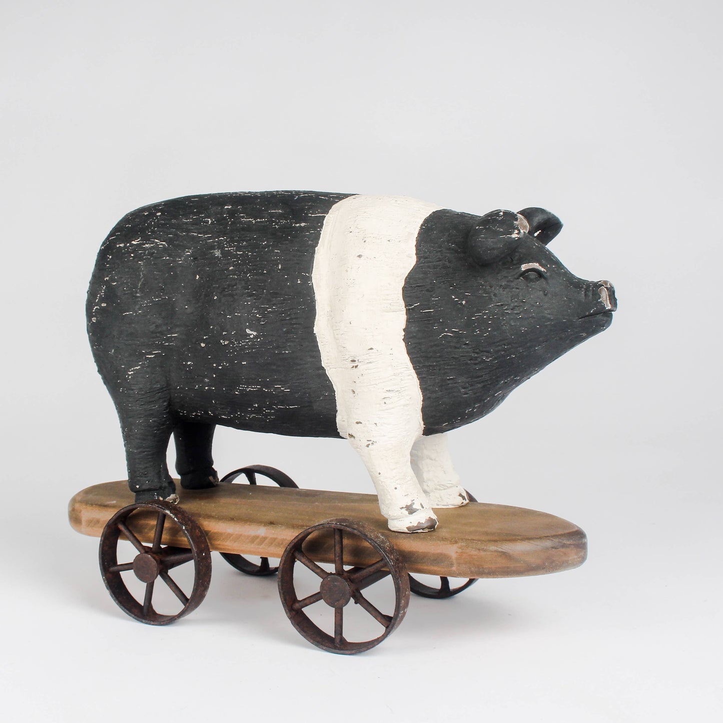 Vintage Farm House Black & White Pig on Wheels