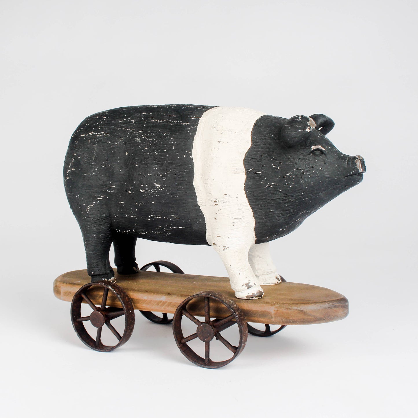 Vintage Farm House Black & White Pig on Wheels