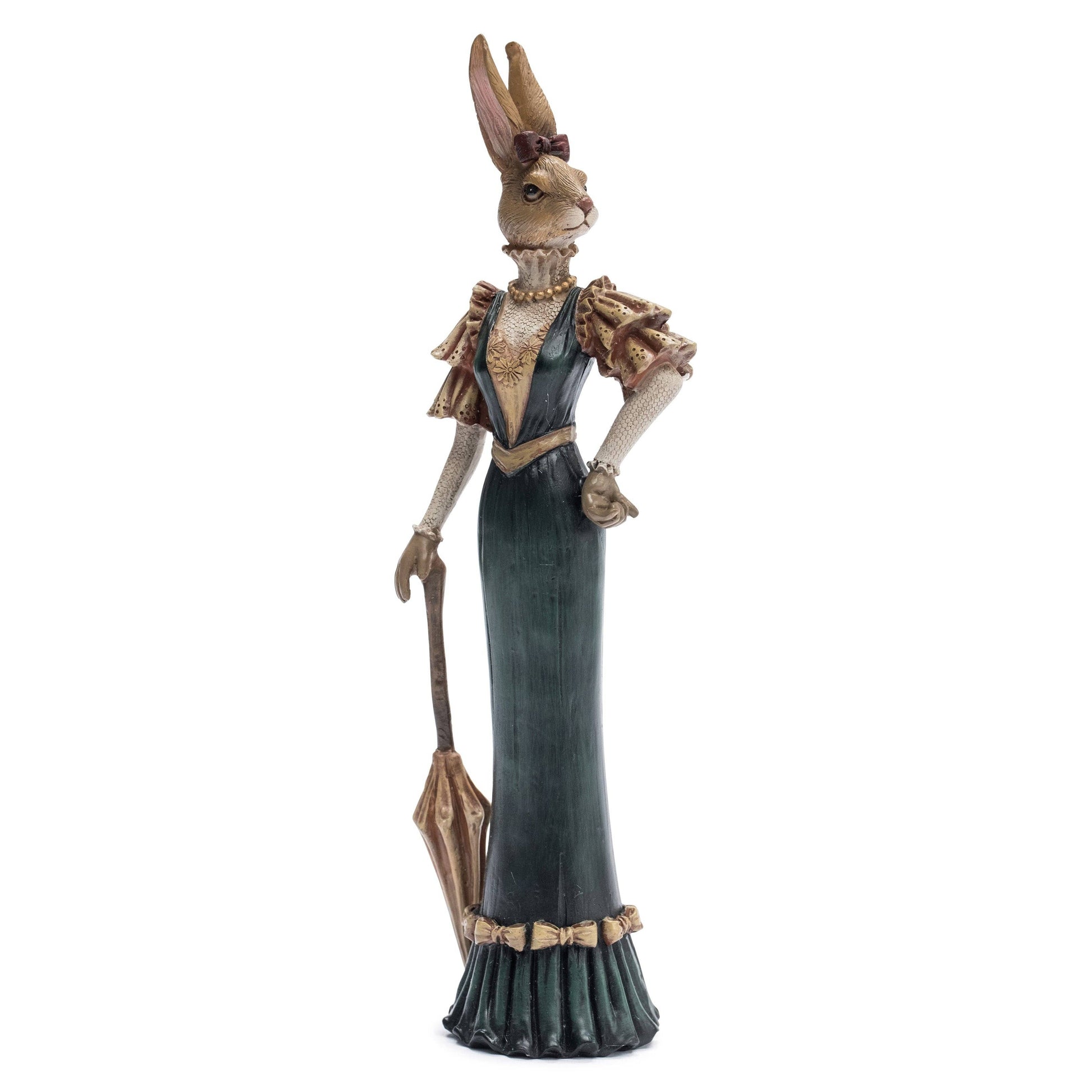 Statue of a rabbit figure in a formal gown with a hat on a white background