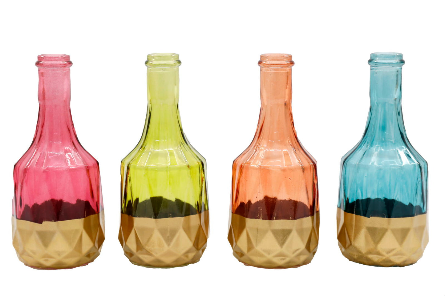 Pink, Yellow, Orange and Blue Boho Colour Glass Vase set x4 with Lower Gold Wrap 12cm