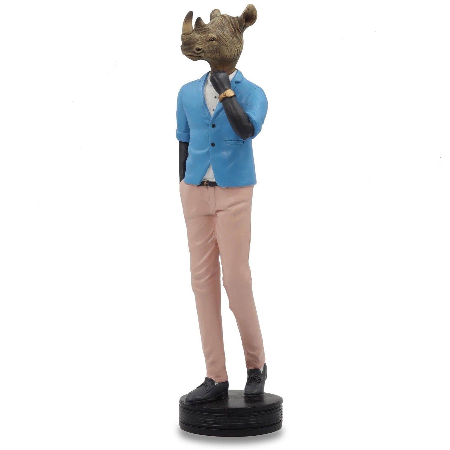Statue of a rhinoceros in formal attire with a blue jacket and pink pants on a white background