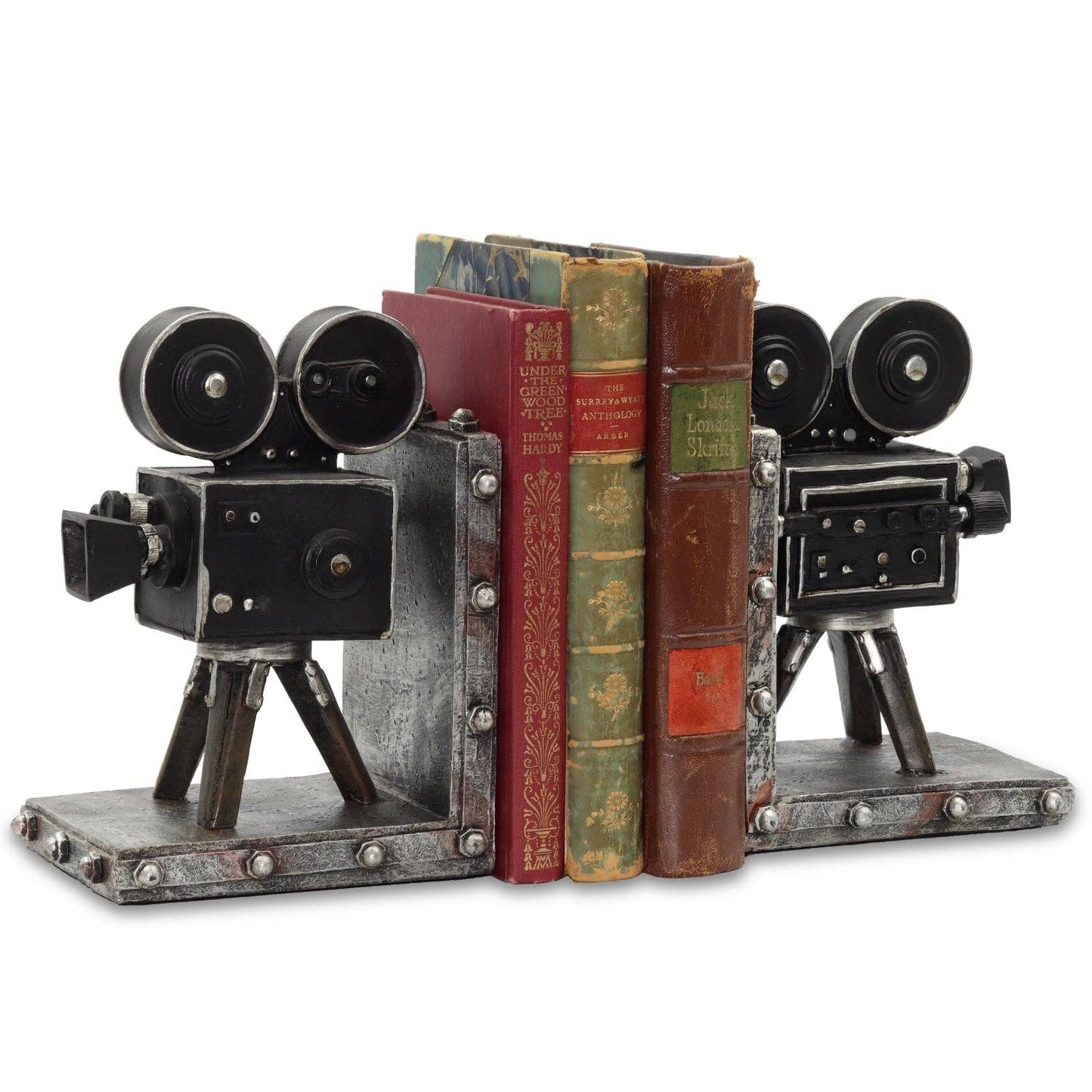 Bookends designed like vintage movie cameras holding books on a white background