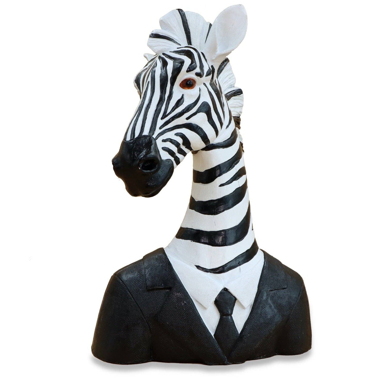 Zebra figurine wearing a suit on a white background