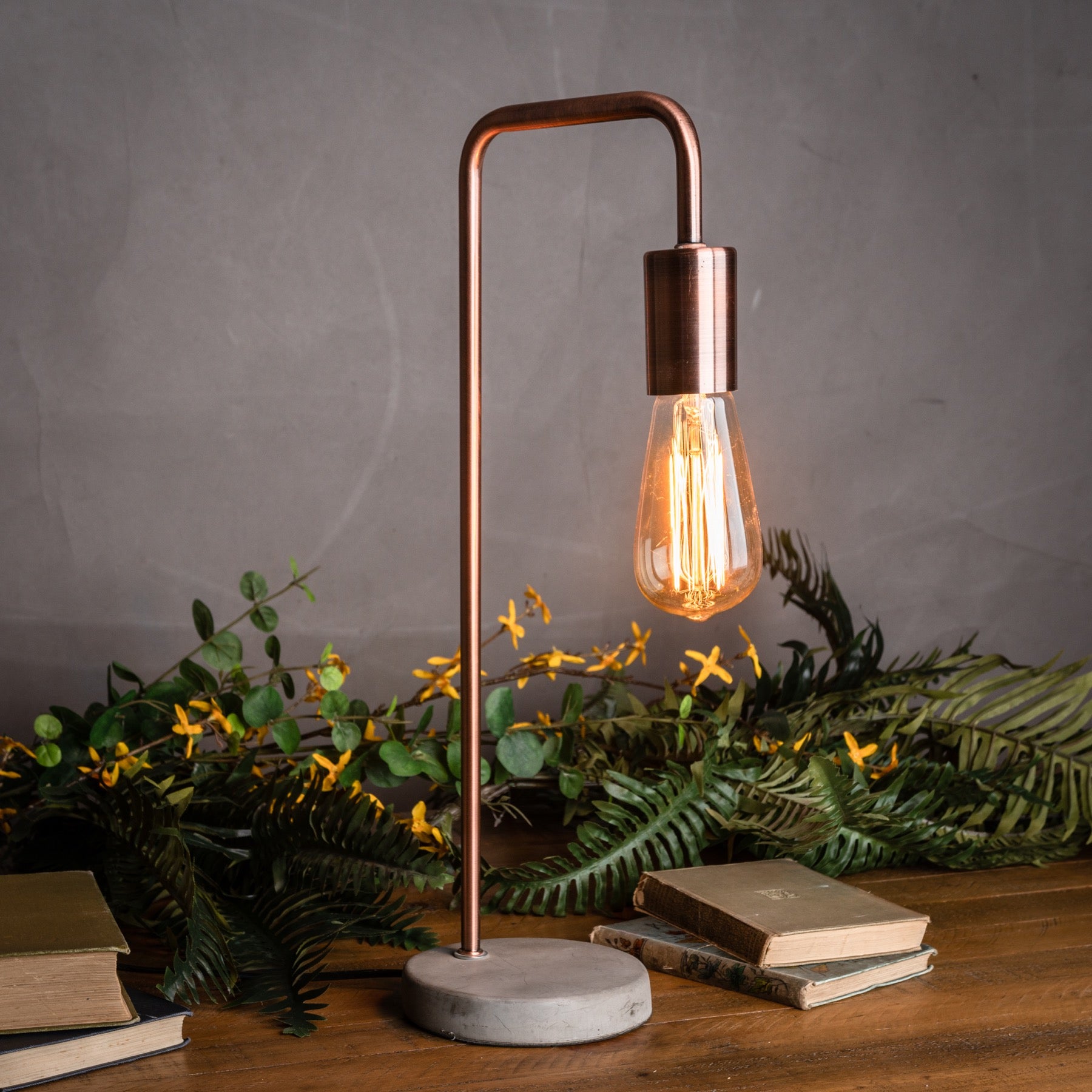 Copper-industrial-lamp-with-stone-base-display