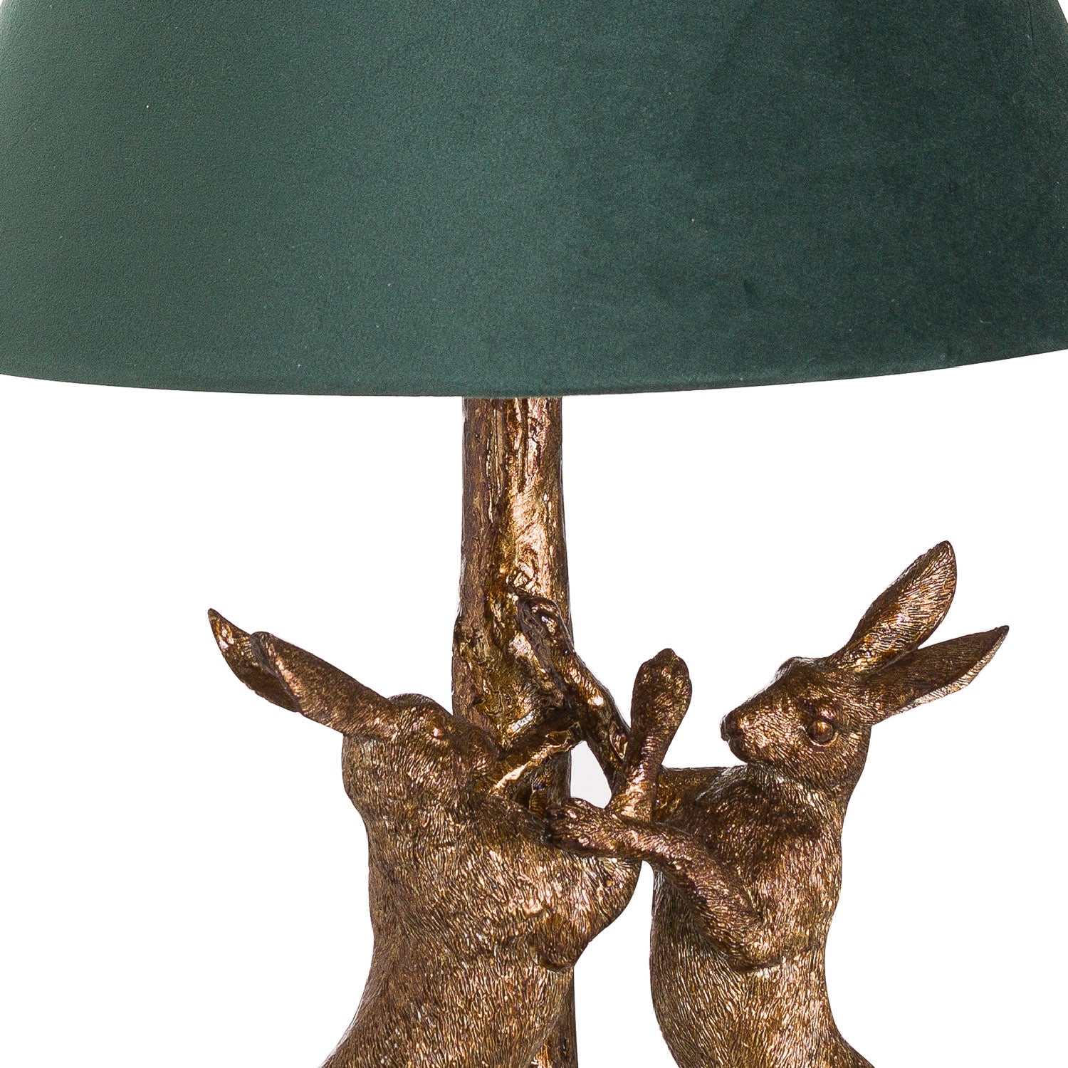 Antique-gold-marching-hares-lamp-grey-velvet-shade-detail