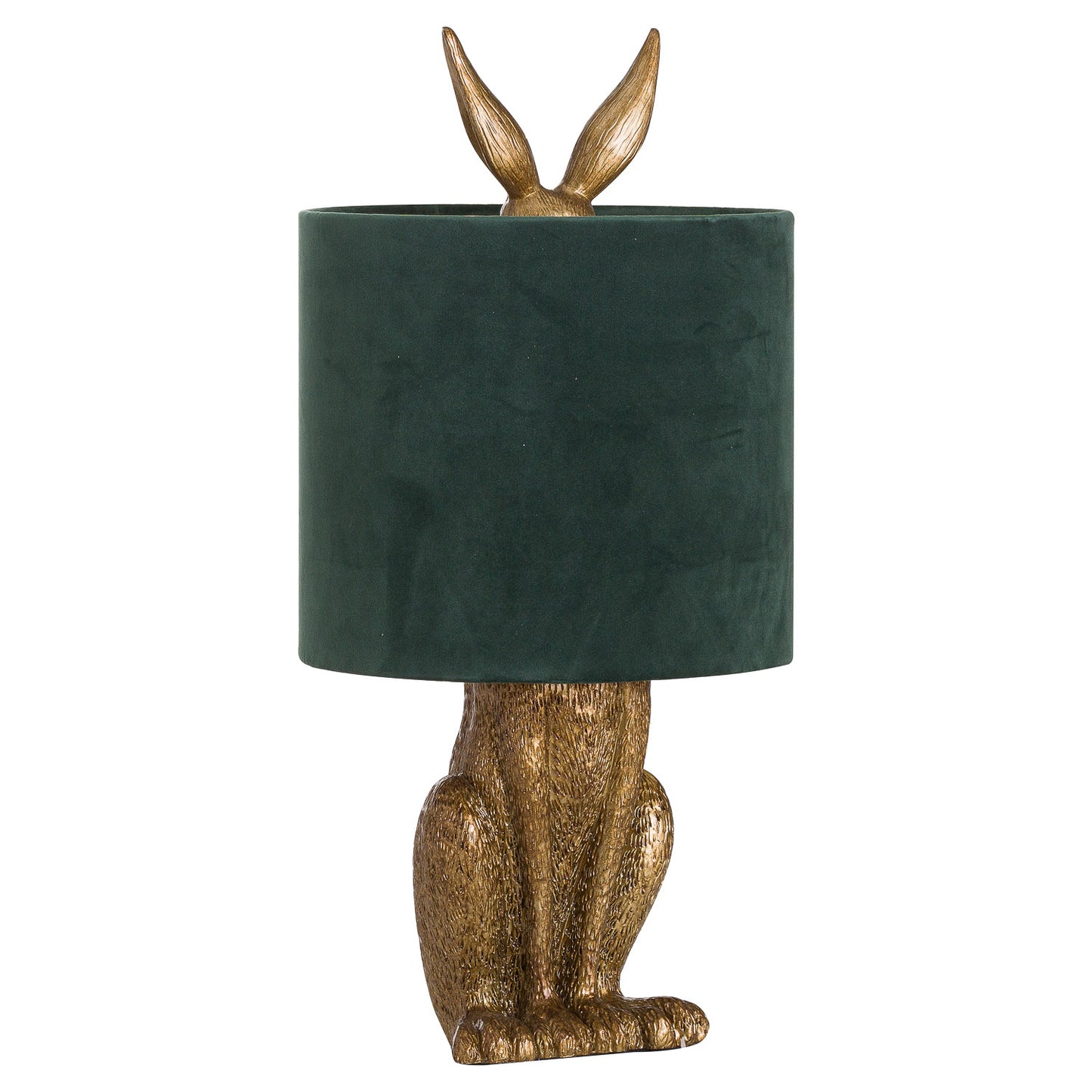 Antique-gold-hare-table-lamp-green-shade-display