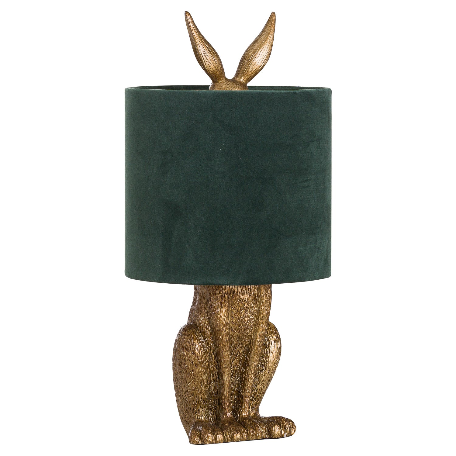 Antique-gold-hare-table-lamp-green-shade-display