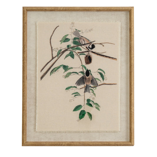 Flora & Fauna Collection Chickadees On Linen In Beaded Frame