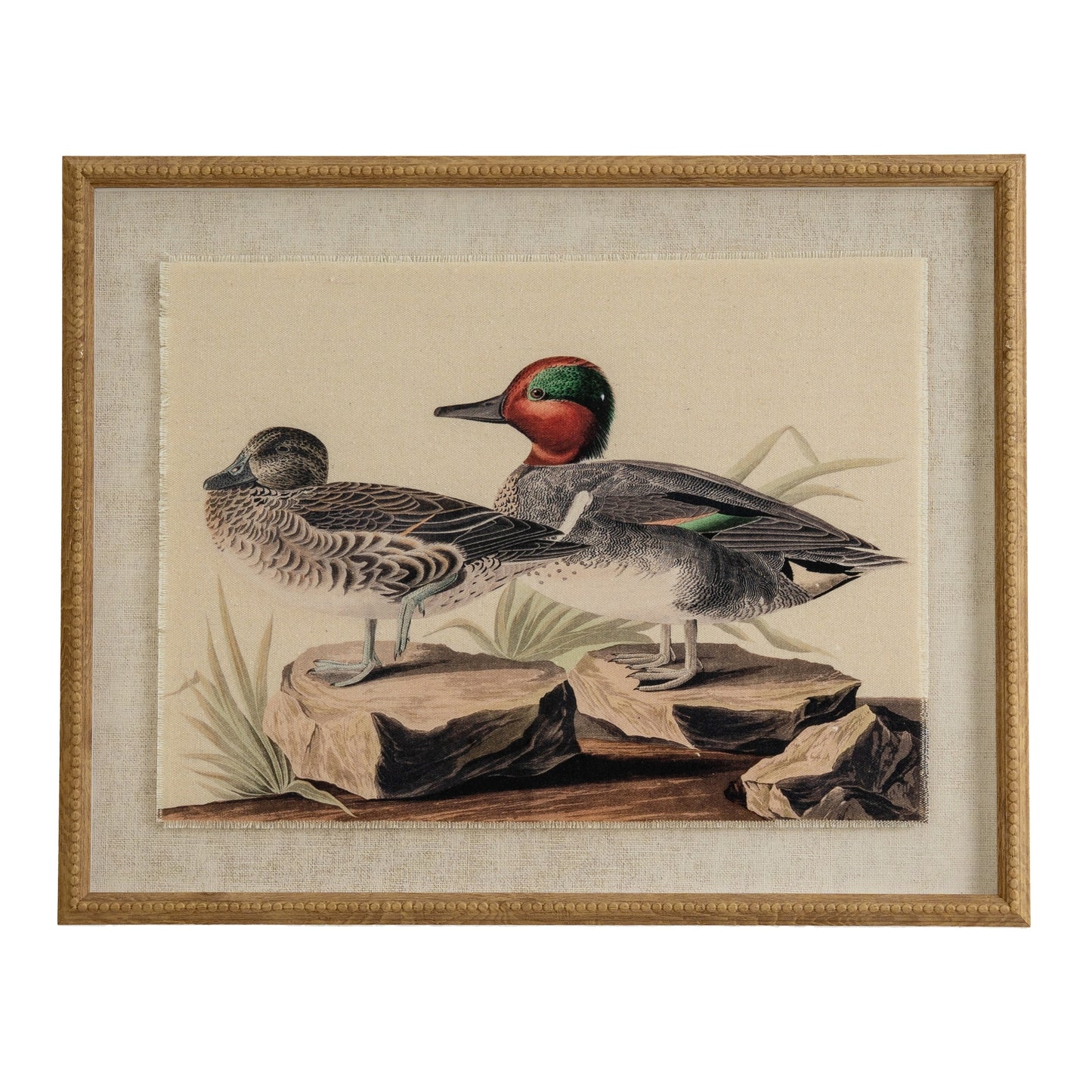 Flora & Fauna Collection Teals On Linen In Beaded Frame