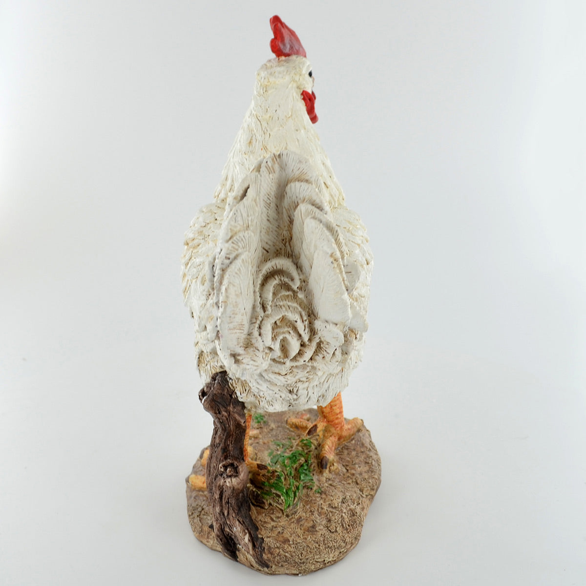 Small-white-cockerel-garden-ornament-back