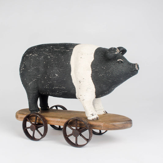 Vintage Farm House Black & White Pig on Wheels