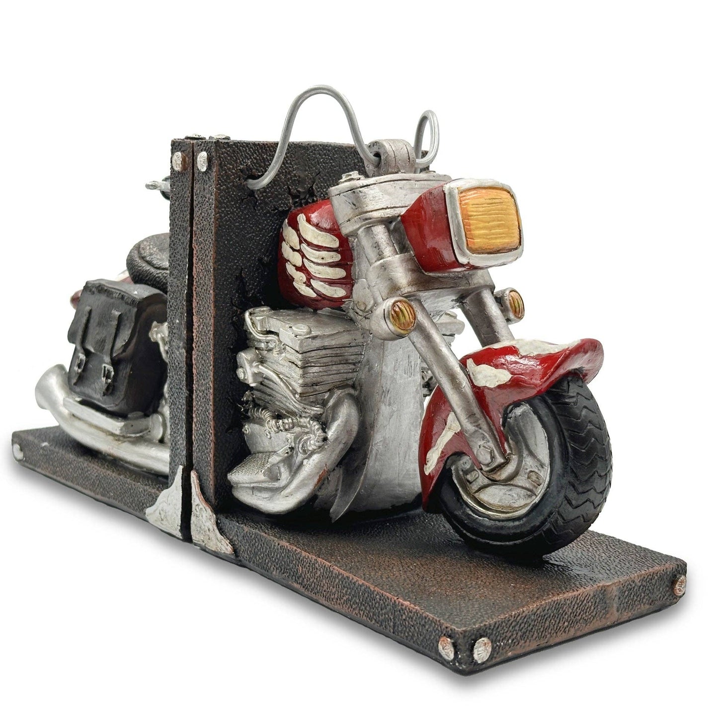 Motorcycle bookend with red and silver design on a white background
