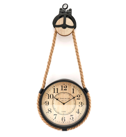 Industrial Hanging Rope Round Black Metal Clock