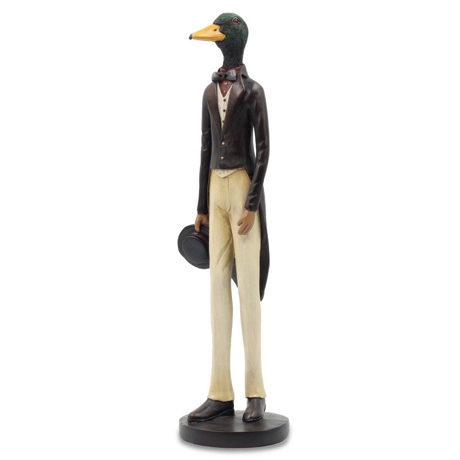 Statue of a character with a duck head wearing a suit on a white background