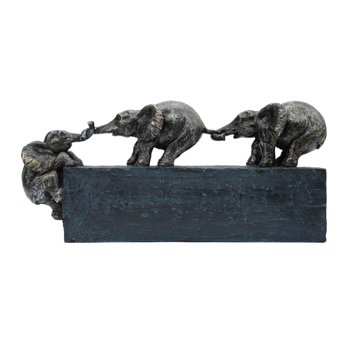 Bronze sculpture of three elephants on a black base
