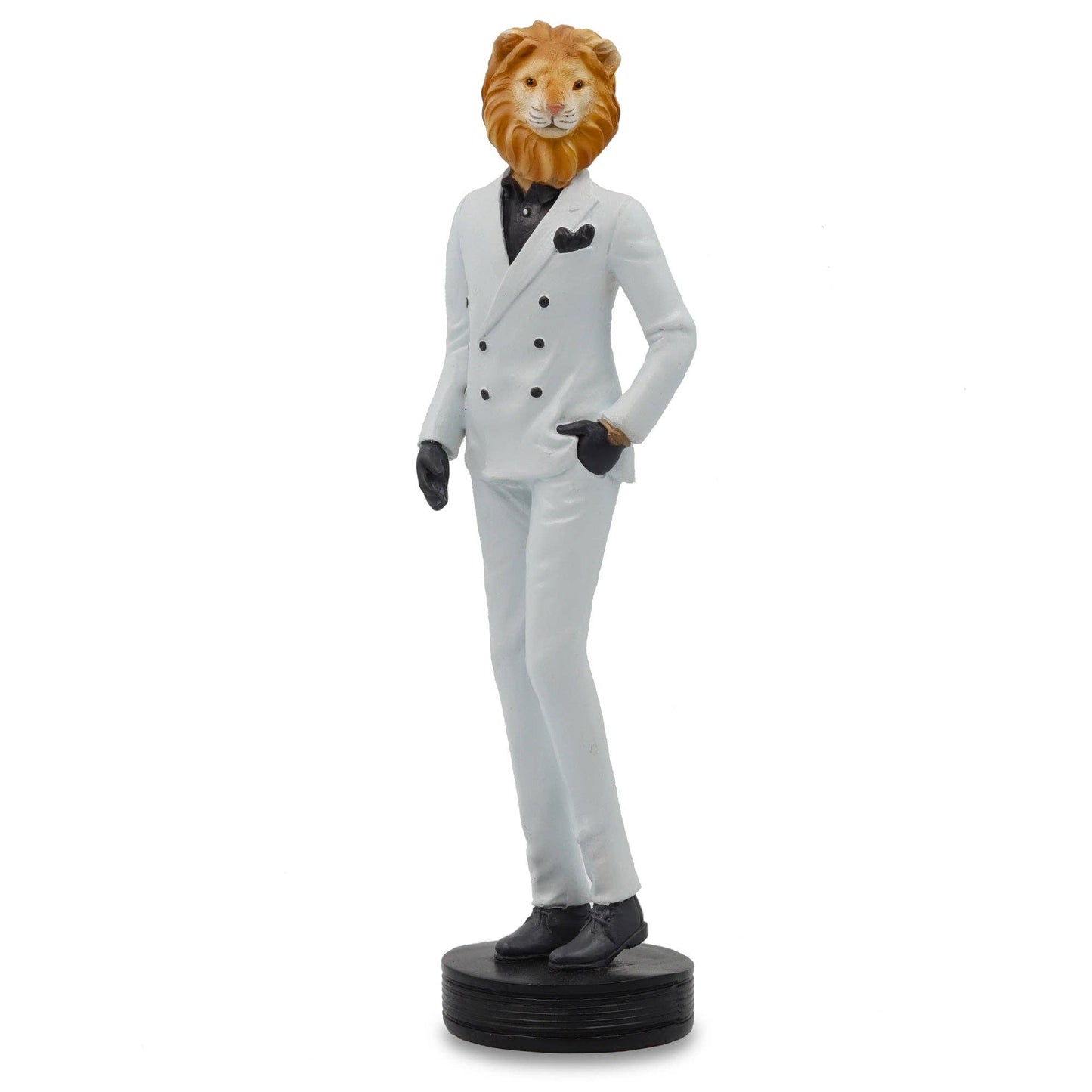 Statue of a person in a white suit with a lion's head on a white background