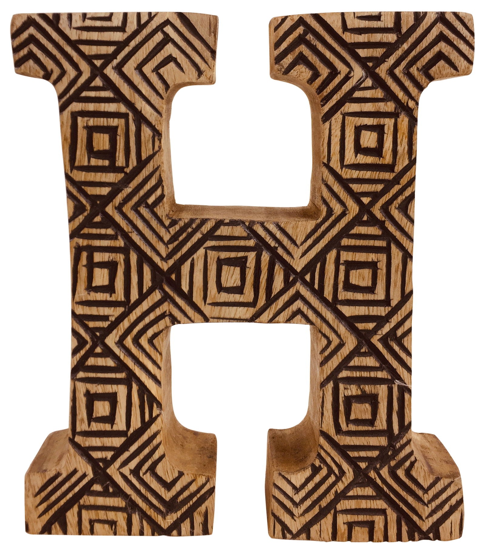 Hand Carved Wooden Geometric Letter H