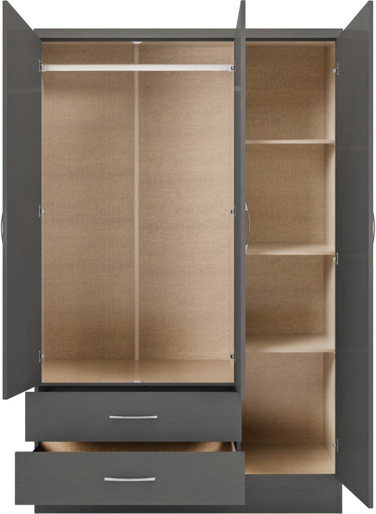 Nevada-3-door-2-drawer-wardrobe-3D-effect-grey-open