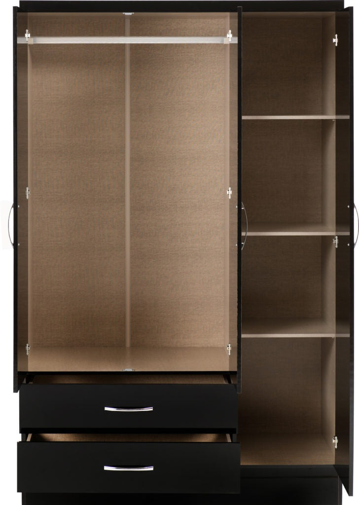 Nevada-3-door-2-drawer-wardrobe-black-gloss-open