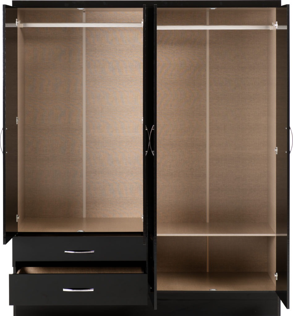 Nevada-4-door-wardrobe-black-gloss-open