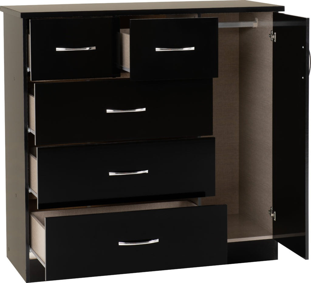 Nevada-5-drawer-low-wardrobe-black-gloss-open