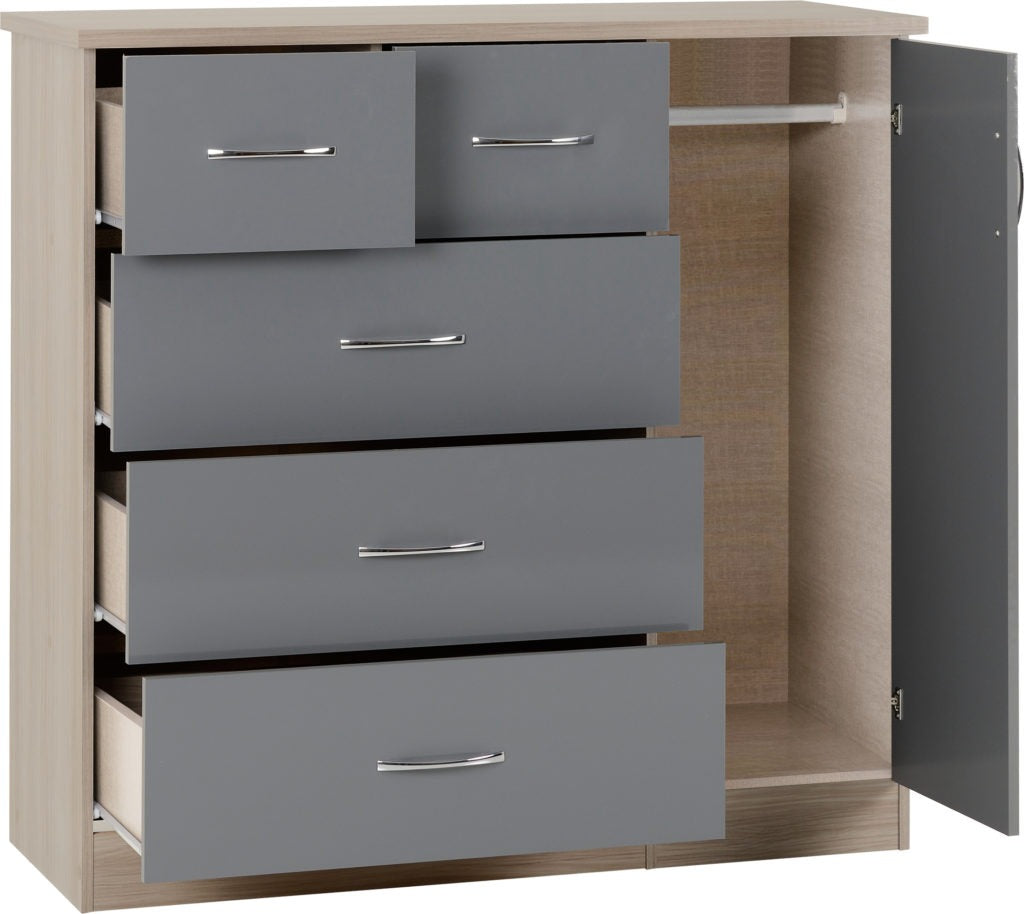 Nevada-5-drawer-low-wardrobe-grey-oak-open