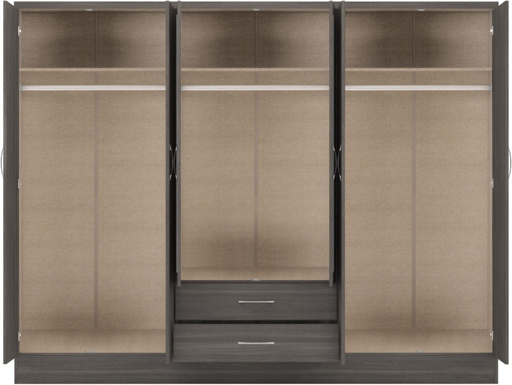 Nevada-6-door-wardrobe-black-wood-grain-open