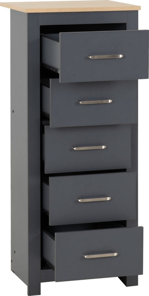 Portland-5-drawer-narrow-chest-grey-open