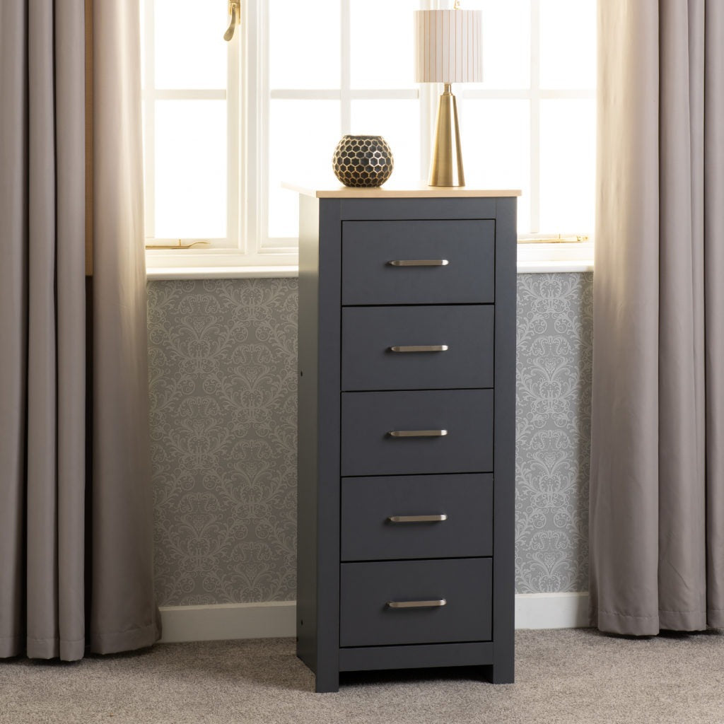 Portland-5-drawer-narrow-chest-grey-front