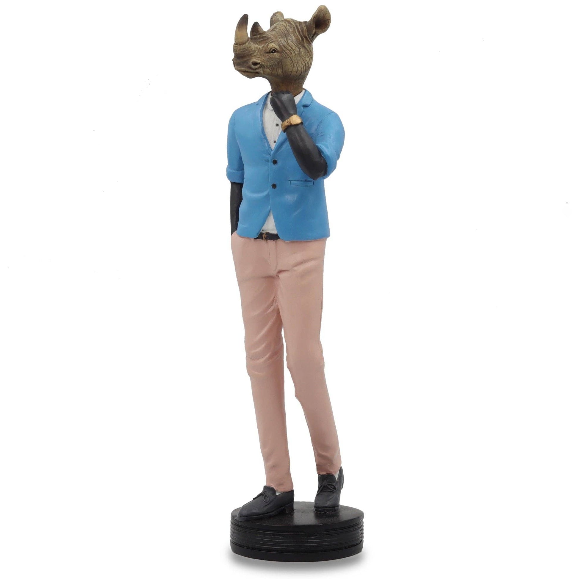 Statue of a rhinoceros in formal attire with a blue jacket and pink pants on a white background
