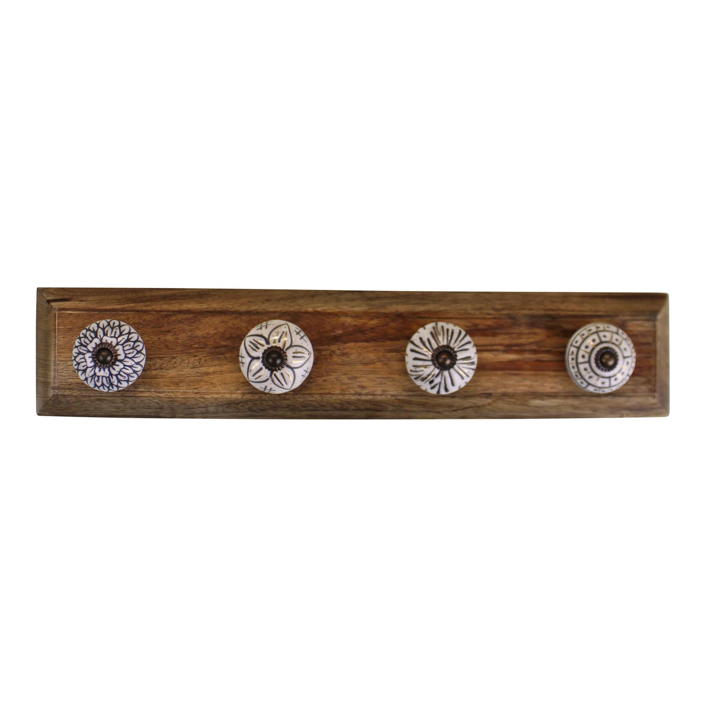 4 Single Ceramic Ivory Coat Hooks On Wooden Base