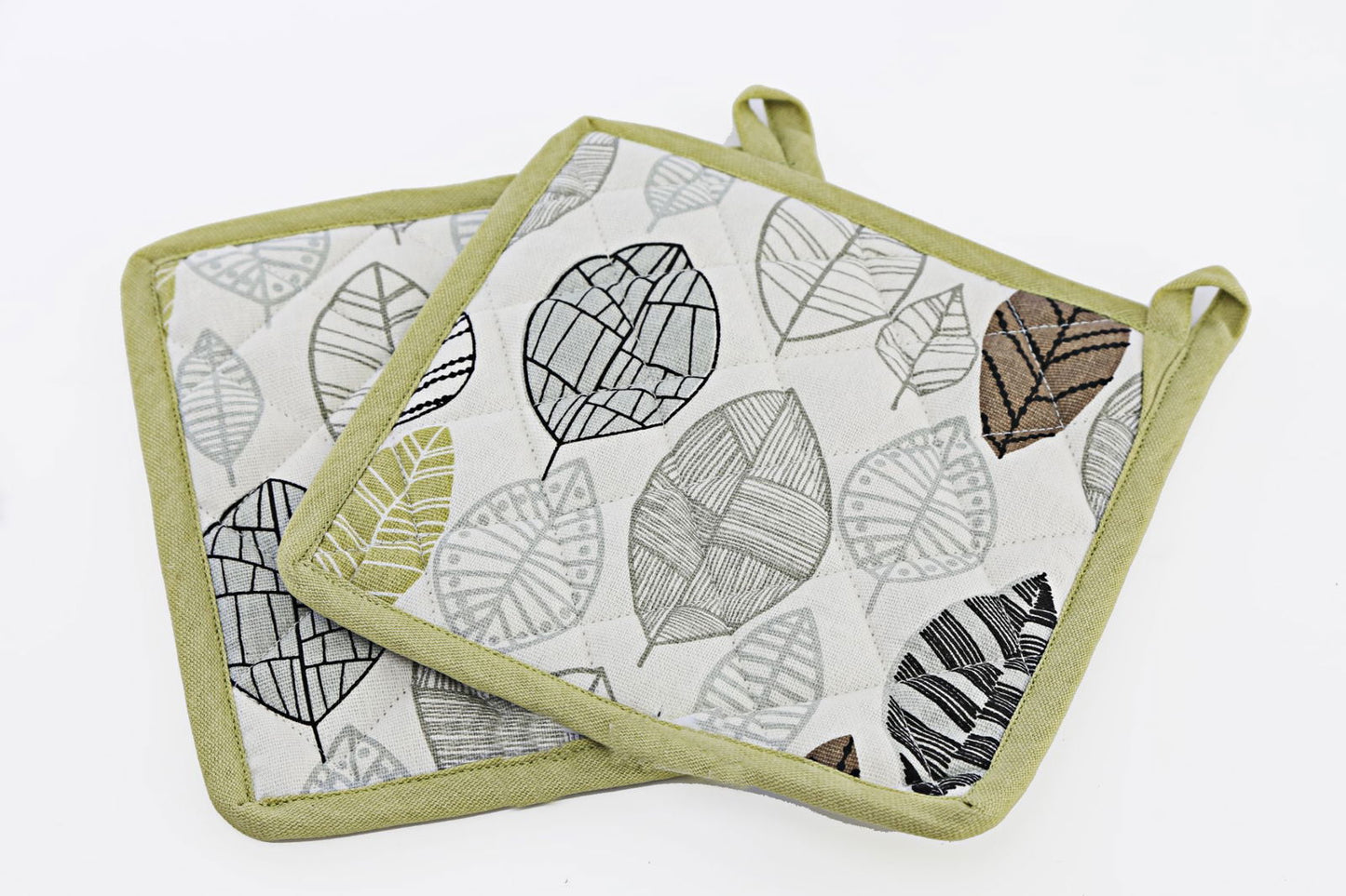 Two Fabric Pot or Pan Mats With Contemporary Green Leaf Print Design