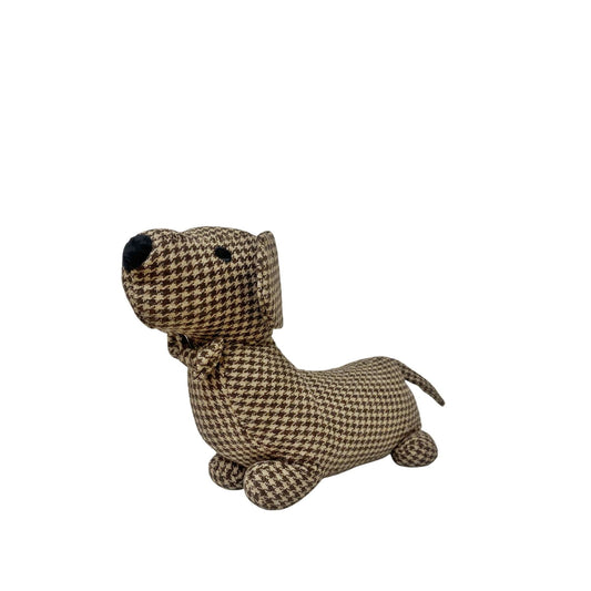 Brown Herringbone Fabric Sausage Dog Doorstop 