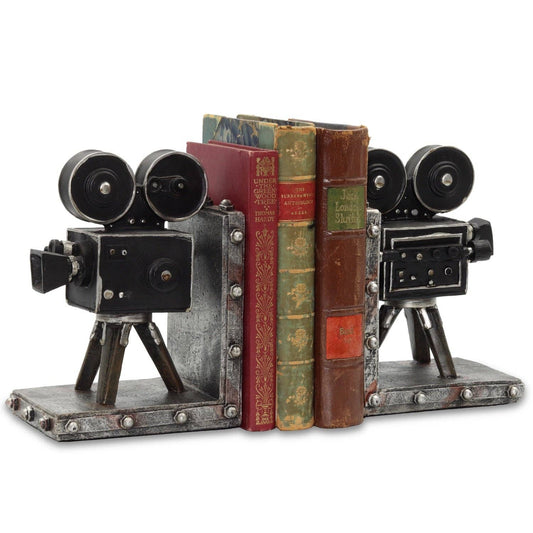 Bookends designed like vintage movie cameras holding books on a white background