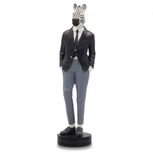 Zebra figurine wearing a suit on a white background