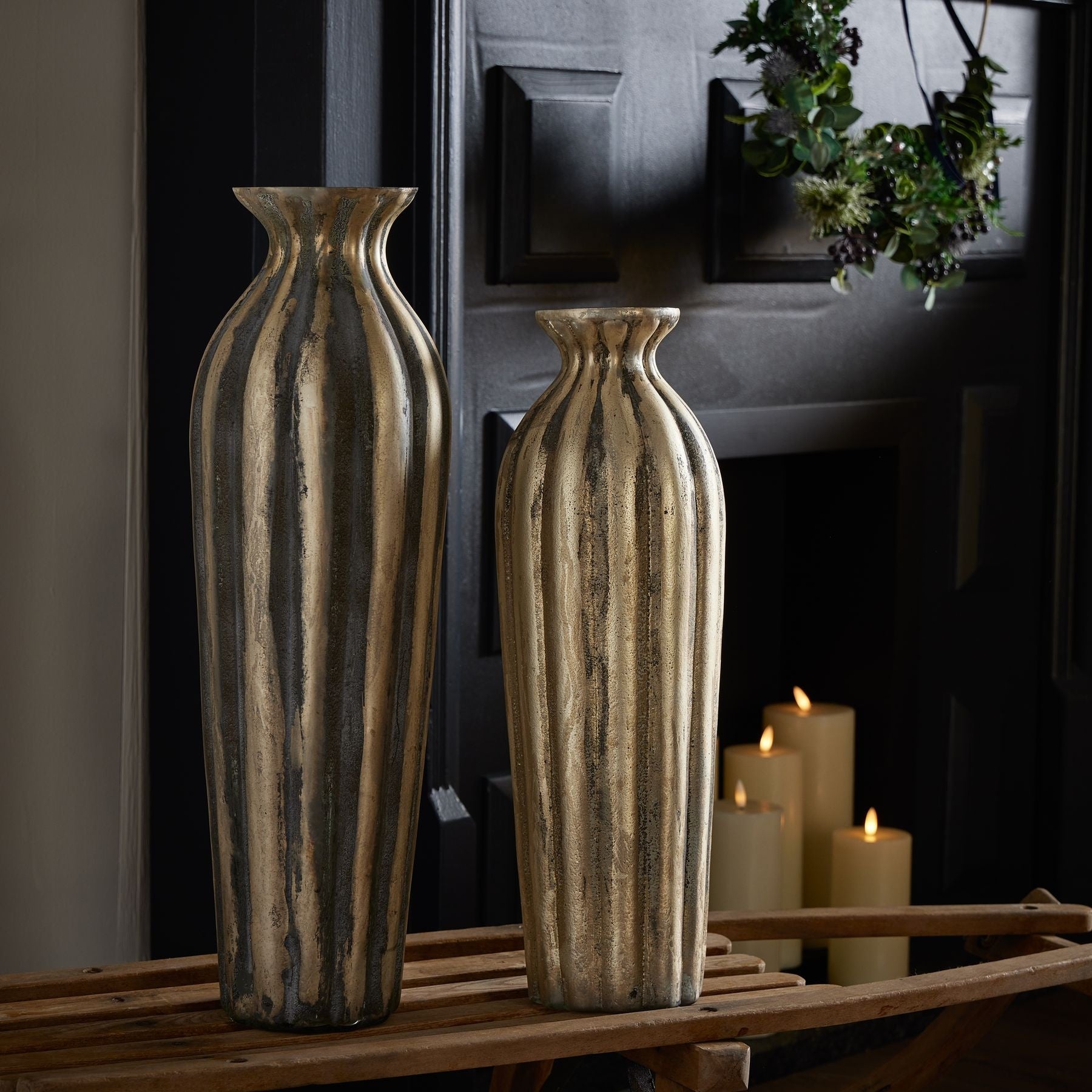 Burnished-and-grey-striped-tall-vase-display