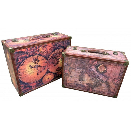 Map Wooden & Canvas Set of 2 Suitcases Trunks