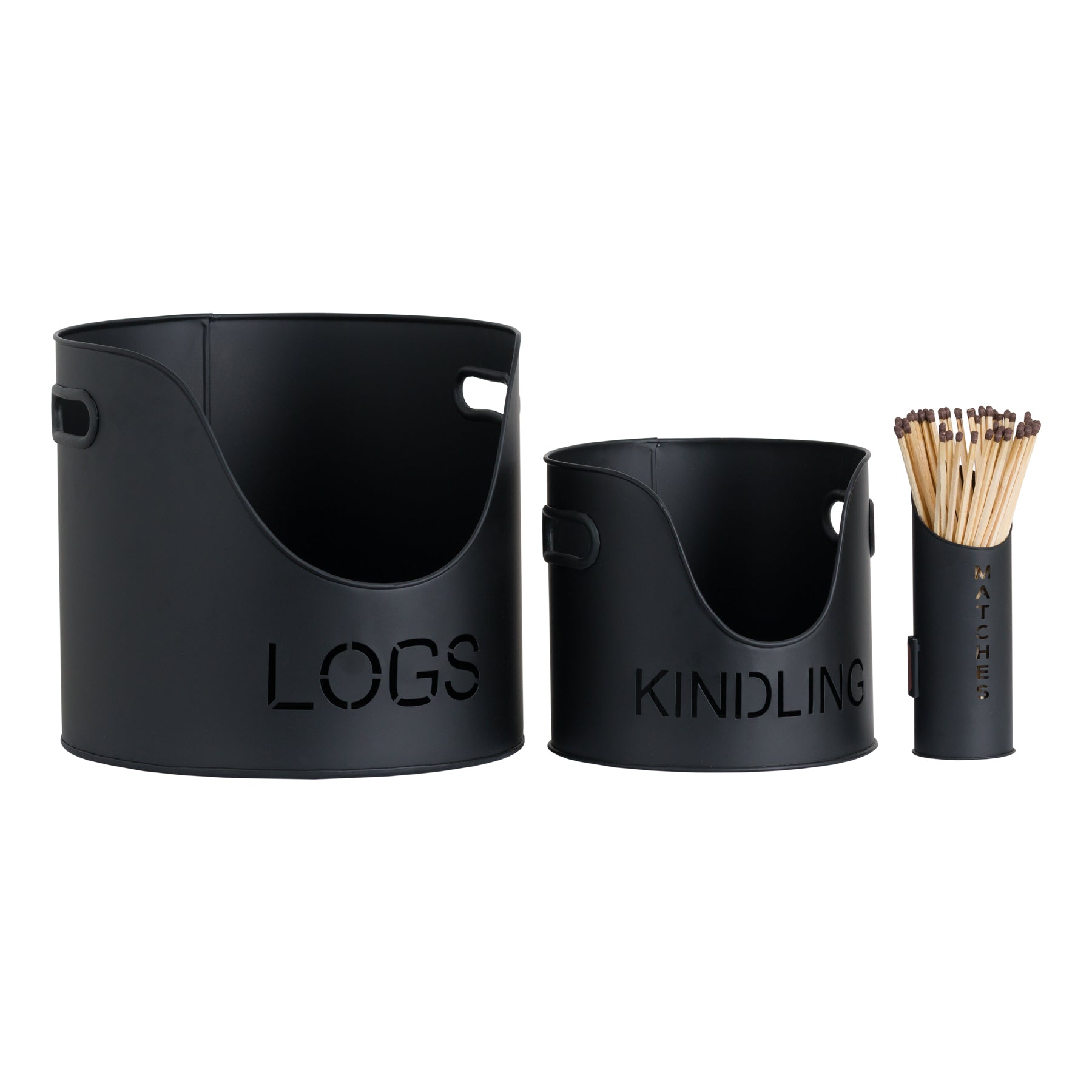 Black-finish-logs-and-kindling-buckets-matchstick-holder