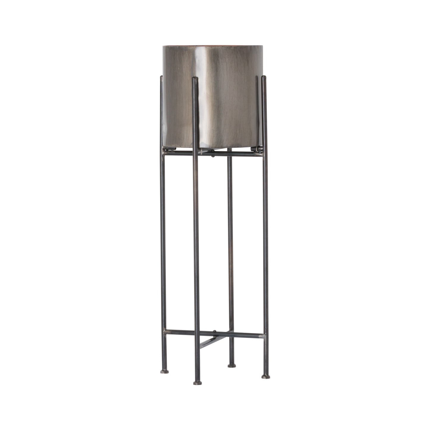 Gun Metal Grey Cylindrical Planter On Black Frame