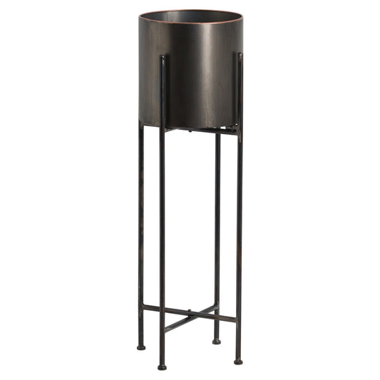 Large Gun Metal Grey Cylindrical Planter On Black Frame