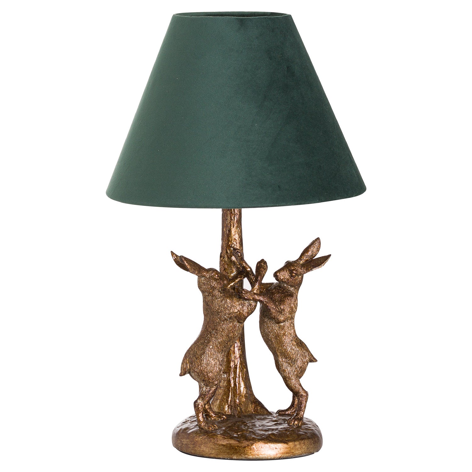 Antique-gold-marching-hares-lamp-grey-velvet-shade