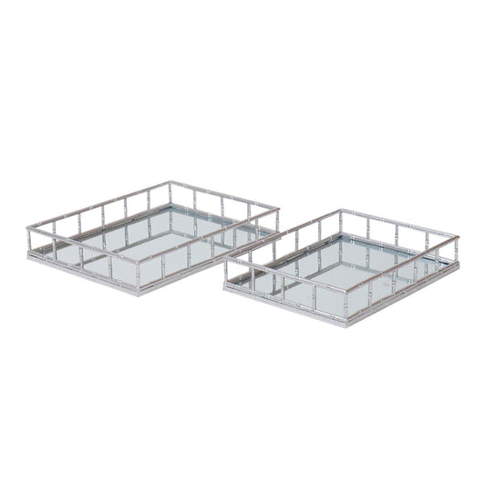 Set Of 2 Detailed Silver Rectangular Trays