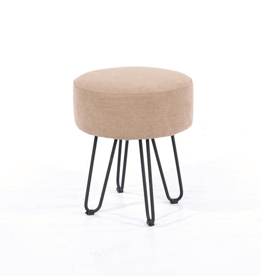 Sand Fabric Round Stool With Black Metal Legs